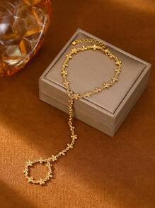 1 pieza Brazalete de mitones con cadena dorada simple, brazalete de mitones con cadena con flor y strass, moda para el verano, la playa y las vacaciones, regalo perfecto para uso diario, cumpleaños y fiestas