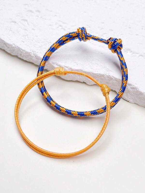 2pcs Colorful Nylon Rope Waxed Thread Bracelet, Fashion Adjustable Peruvian Knot Woven Bracelet For Daily & Holiday Wear
