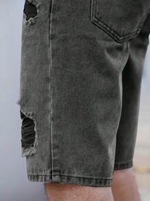 Men's Solid Color Casual Versatile Ripped Denim Shorts, Summer