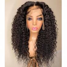 1PS 26inch 180density Long Black Kinky Curly Deep 13*4*1 Lace Front Wigs For Women With Babyhair Preplucked Daily Synthetic Hair Wig - Black - View 5