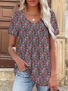 T-shirt casual à col V, manches courtes, à volants, avec imprimé floral dispersé, pour femmes grandes tailles - Multicolore - Voir 2