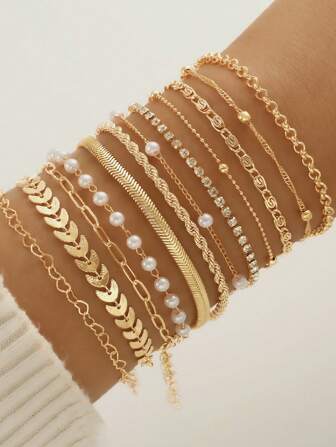16/12pcs Set Minimalist Heart Faux Pearl Rhinestone Snake Chain Bracelet Set For Women, Suitable For Date, Vacation, Gift, Daily Matching, Party Outfit