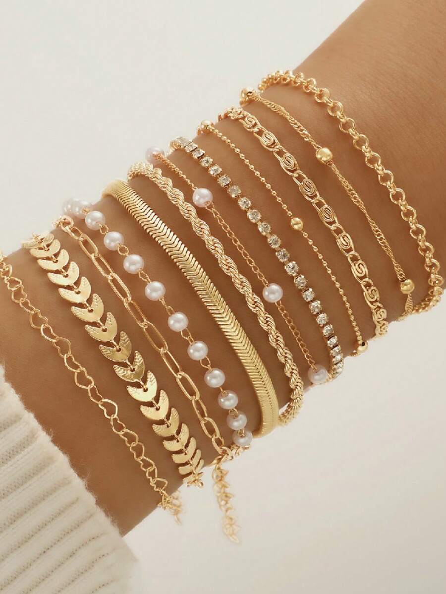 16/12pcs Set Minimalist Heart Faux Pearl Rhinestone Snake Chain Bracelet Set For Women, Suitable For Date, Vacation, Gift, Daily Matching, Party Outfit