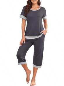 S.PrinStory Women's Pajama Set Short Sleeve Shirt And Pants Sleepwear Pjs Sets Lounge Set - Dark Grey - View 2