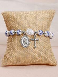 1 pièce Bracelet en perles baroques artificielles avec perles dorées en céramique et pendentif Vierge Marie en acier inoxydable, cadeau parfait, article cadeau chrétien - Multicolore - Voir 20