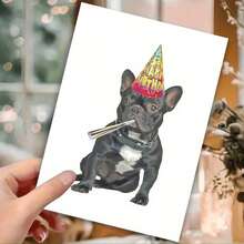 Cartão de aniversário alegre com envelope para buldogue francês, perfeito para amigos, familiares e entes queridos em seu dia especial - com um cachorro em um chapéu de festa, ideal para o Natal