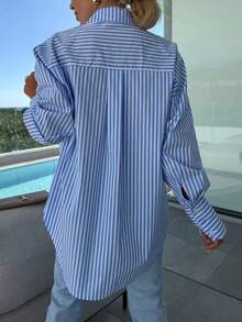 Women's Casual Striped Long Sleeve Shirt With Pockets, Minimalist - Blue - View 3