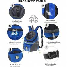 Rucsac pentru transportul câinilor, rucsac respirabil pentru câini cu bretele reglabile, buzunare laterale, rucsacuri pentru capul afară al câinelui cu curea, transport față și spate pentru căței pentru câini mici și pisici cu curea pentru călătorii, drumeții, ciclism, utilizare în aer liber - Albastru - Vizualizare 6