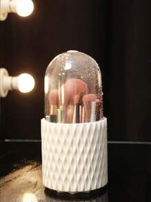 1pc 360° Rotating Makeup Storage Box, Large Capacity Makeup Brush Holder With Dividers, Suitable For Brushes, Lipsticks, Eyebrow Pencils And Eye Shadows, White/Grey Plastic, Convenient For Vanity Or Bathroom,For Holiday Beach, Bathroom Collection, Bedroom Collection, Large Capacity