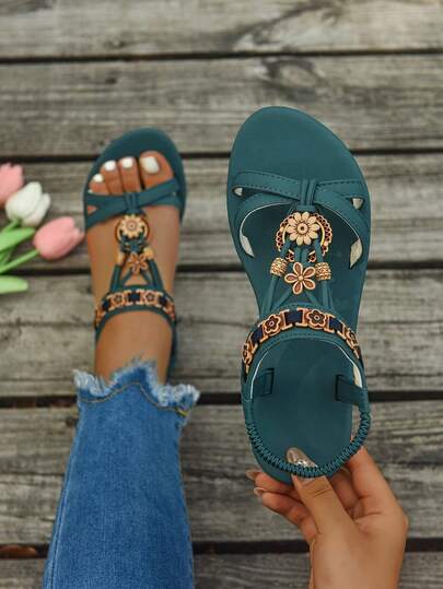 Women's Flat Sandals, Fashionable Bohemian Crossed Vintage Decor Casual Sandals, Light Comfy Outdoor Versatile Sandals