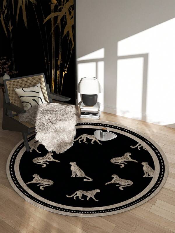 1 pezzo di tappeto circolare da salotto con motivo a leopardo nero, dal tocco morbido e confortevole, facile da curare, con retro antiscivolo, tappeto da area, adatto per ingresso, camera da letto, cucina, sala da pranzo, ufficio, decorazione della stanza e zerbino.
