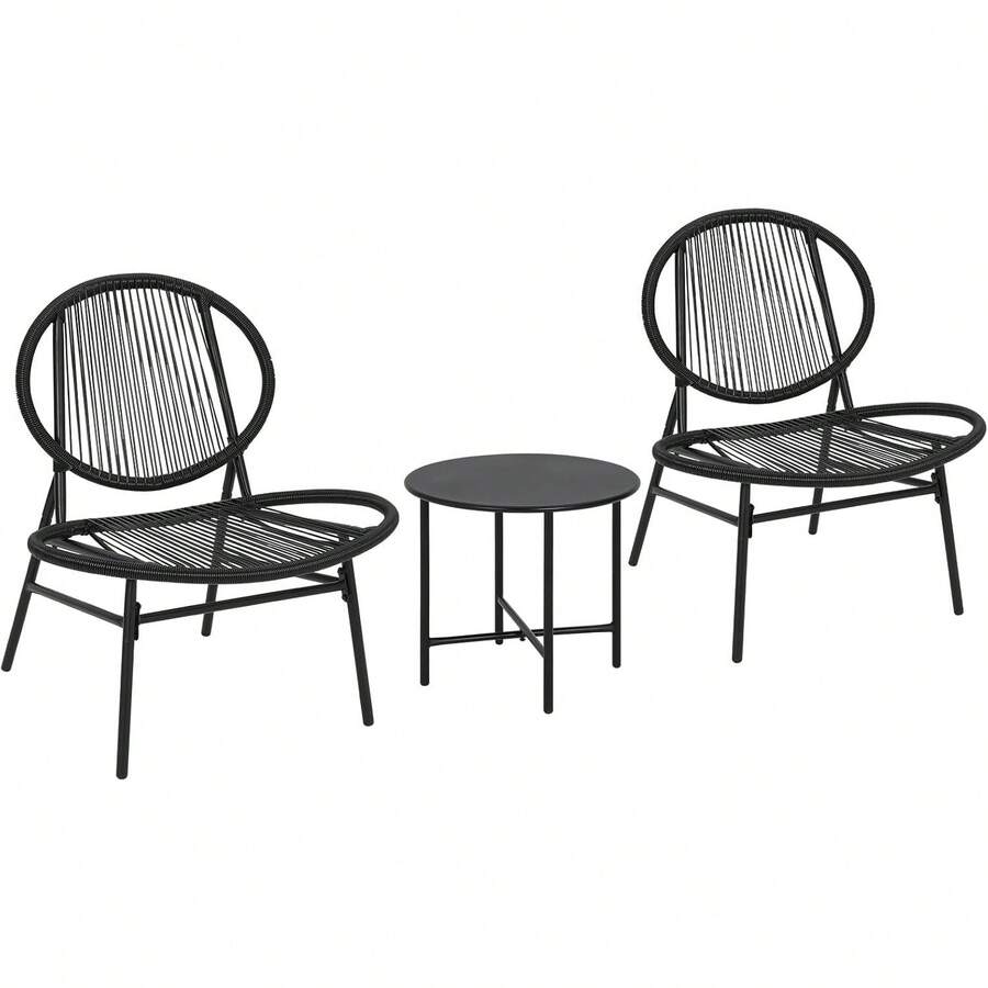 HomelyHues 3 Piece Acapulco Chair Set, All-Weather Modern Patio Furniture Set With Plastic Rope, Side Table And 2 Chairs, Woven Patio Conversation Bistro Set, Gray - 1 - View 1
