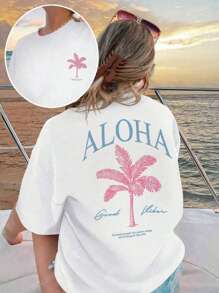 Nuevas camisetas de manga corta con cuello redondo de estilo casual diario con estampado de eslogan de palmeras para damas en primavera y verano. Estilo vacacional de moda, una necesidad diaria. Camisetas gráficas para mujer en blanco, negro y rosa, atuendos para vacaciones