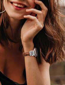 Compatible con correas de Watch para mujeres de 38/40/41/42mm, correa de cuero elegante y delgada con hebilla de nudo celta entrelazado para Series 11 10 9 8 6 5 4 SE 3 2 1, Starlight - Marrón/Plata - Ver 5