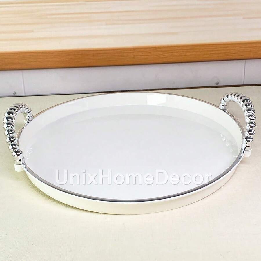 Decorative Tray With Pearl Handle, Gold Or Silver, Luxury, Multipurpose For Kitchen, Bathroom, Living Room - Round Silver Handle 27.5x27.5 cm - View 1