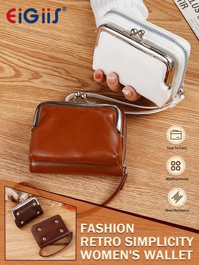 EIGIIS 1pc Women's Wristlet Wallet With Coin Purse - 9 Slot Zipper Card Organizer, PU Leather Wrist Wallets For Women With Kiss Lock & Detachable Strap, Multi-Functional Compact Wallet, Retro & Stylish Design For Everyday Commute, Shopping & Casual Outings