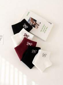 5 pares de calcetines de mujer con decoración de moño, estilo regular, cómodos y suaves para la escuela, el trabajo, el uso diario, primavera y otoño