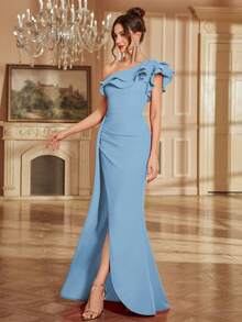 High Slit Wedding Party Guest Dress With Pearl Decor Backless Ruffle Hem Slim Fit Cocktail Dress, Spring/Summer, Elegant - Baby Blue - View 6