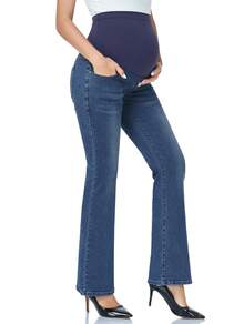 Women's Stretch Maternity Bootcut Jeans With Pockets Over The Belly Bell Bottoms Flare Denim Pants Pregnancy Clothes - 深藍色 - 查看 1