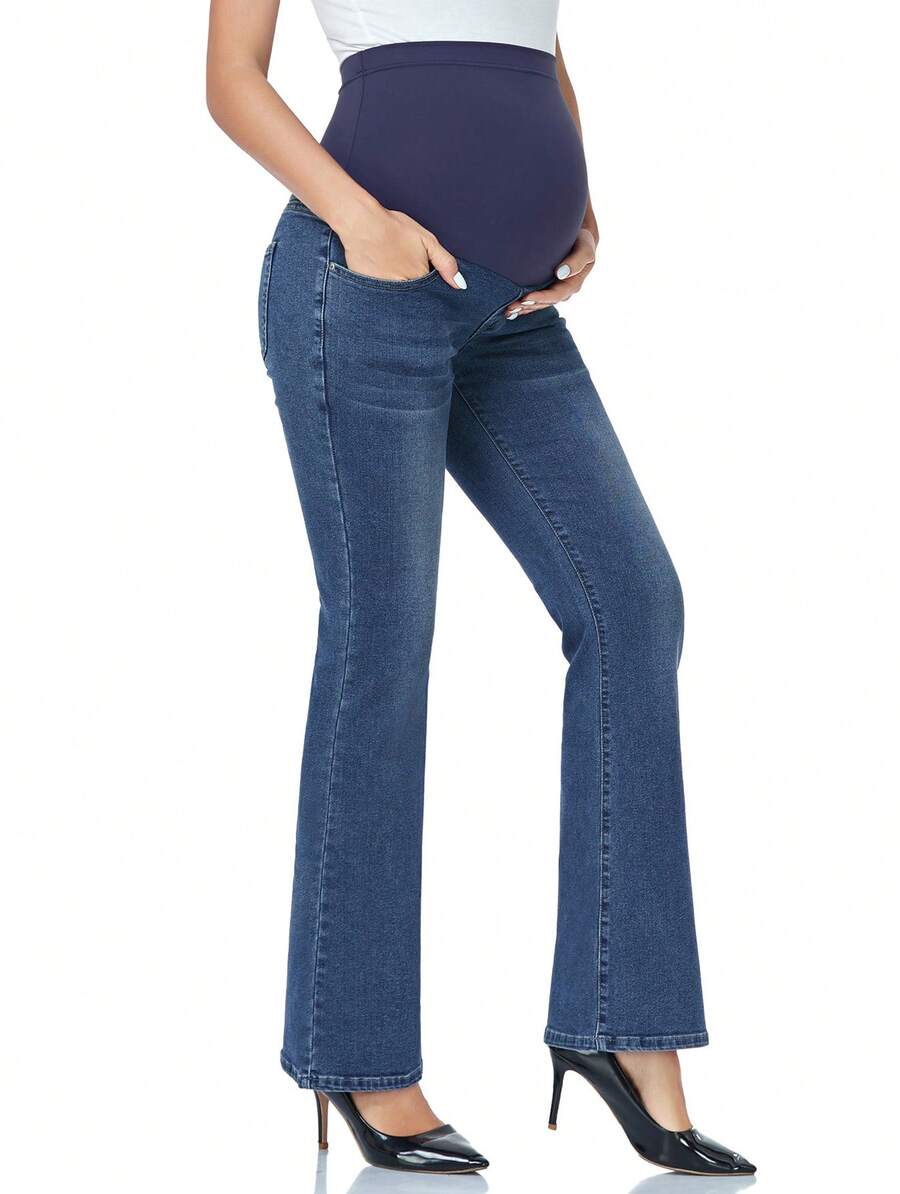 Women's Stretch Maternity Bootcut Jeans With Pockets Over The Belly Bell Bottoms Flare Denim Pants Pregnancy Clothes - 深藍色 - 查看 1
