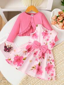 2pcs Baby Girl Cute And Elegant Bow Decor Camisole Dress With Mini Jacket Set, Rose Red