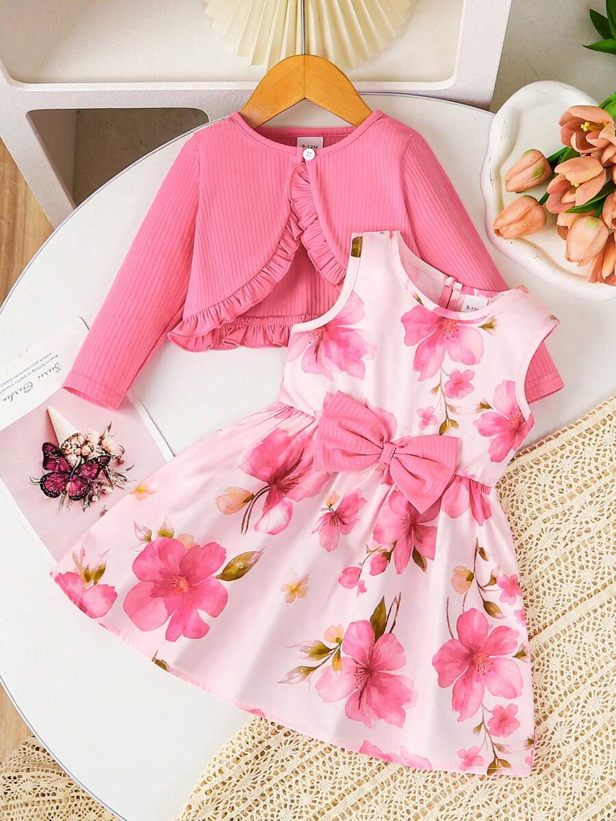 2pcs Baby Girl Cute And Elegant Bow Decor Camisole Dress With Mini Jacket Set, Rose Red