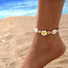 1 pièce Bracelet de cheville crocheté fleur de coquillage bohème naturel, bracelet de cheville tressé marguerite pour les vacances à la plage. Bijou idéal pour les femmes à porter au quotidien.
