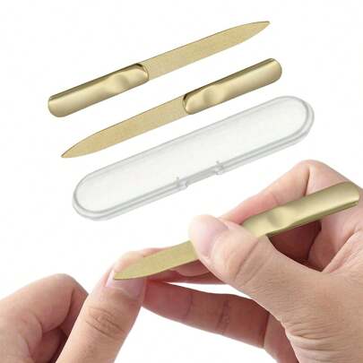 2 piezas Limas de uñas de acero inoxidable - Limas de uñas doradas de doble cara, ergonómicas de agarre suave, inodoras y reutilizables, herramientas de arte de uñas unisex - Juego de manicura profesional para el hogar con estuche