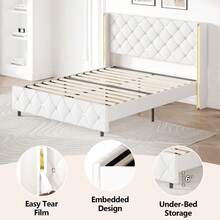 Queen Bed Frame With Headboard, Velvet Upholstered Bed With Wingback And Diamond Tufted Design, Wood Slat Support,  Modern Bed Frame, Twin Bed Frames/ Full Size Bed Frame/ Queen Bed Frame/ King Size Bed Frame Black/Pink/White/Blue/Green/Purle - 白色 - 查看 5