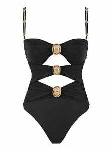 Maiô de Uma Peça Cor Sólida com Fecho Metálico Decorativo, Decote Vazado e Alças Duplas, Roupa de Banho para Resort - Preto - Visão 3