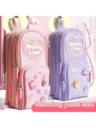 1 Pc Schoolbag-Shaped Pencil Bag, 3 Layers And 6 Grids, Can Be Carried, Can Be Sent With Patches, Large Capacity Simple And Cute, Suitable For Girls, Pencil Bags, And Students Return To School Stationery,Back To School,School Supplies,Pencil Case,Pencil Pouch,School Bag