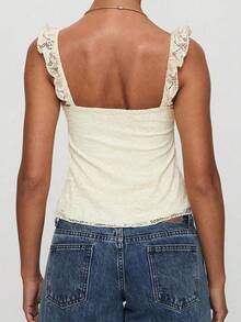 Sexy Girl Lace Design Ruffle Strap Bow Decor Lace Patchwork Sleeveless Tank Top, Spring/Summer New Arrival - Yellow - View 8