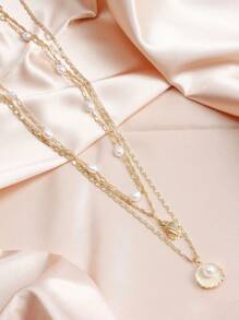 3pcs European Style Multi-Layer Faux Pearl & Shell Pendant Necklace, Bohemian Metal Snake Chain Necklace For Women, Versatile Layered Choker Necklace Suitable For Beach And Vacation Wear