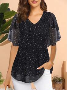 CheersLife 女士七分袖衬衫和上衣 商务正装休闲衬衫 双层网眼束腰上衣