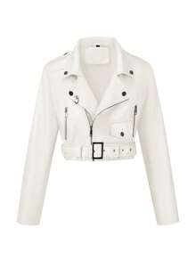 Risissida Women's Autumn/Winter Street Style Faux Leather Short Biker Jacket - Asymmetric Zipper, Adjustable Waist Belt, Fashionable Urban Commuter Look - White - View 1