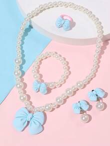 5 件/套女孩可爱珍珠蝴蝶结项链手链耳环戒指首饰套装，简约百搭 - 彩色 - 查看 15