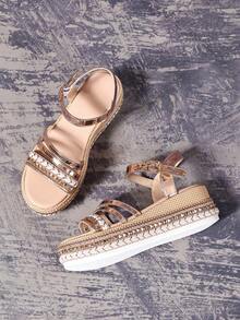 Summer Fashion Women's Wedge Sandals, Bohemian Style Rivet Open-Toe Design With Ankle Strap, Breathable And Comfortable Casual Elegant Flat Shoes - Gold - View 4