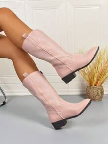 1 Pair Women Elegant Fashion Slip-On Embroidered Western Boots, High Heel Embroidered Western Boots, Stylish Embroidered Cowboy Boots, Slip-On Mid-Calf Flat Boots For Autumn/Winter