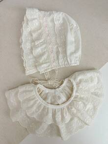 1pc Infant & Toddler Girls' Beige Lace Elegant Bib & Hat Set, Suitable For Everyday Outdoor Wear