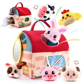 Toddler Sensory Toy Baby Soft Plush Animals, Mini Simulated Farm House Set, Animals Cognition Sorting And Storage Toy, Development And Activity Early Educational Toy Birthday Gift For Kids