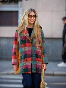 Women's Casual Plaid Print Long Sleeve Hooded Open Front Jacket With Pockets, Fashionable And Chic Street Style Plaid Coat, Autumn/Winter
