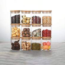 1 peça/1 conjunto com 12 potes de vidro para armazenamento com tampas herméticas de bambu, recipientes portáteis transparentes para alimentos para chá, grãos de café, açúcar, doces, biscoitos, especiarias e utensílios de cozinha - Claro - Ver 5