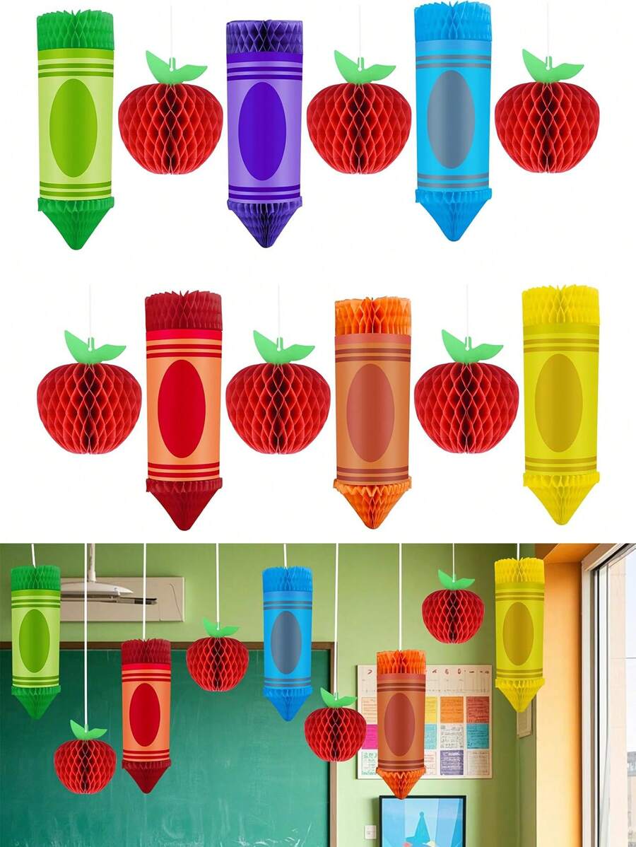 Decoraciones colgantes para volver a la clase, decoraciones colgantes en forma de panal con crayones, centros de mesa con papel de seda en forma de manzana en panal para decorar el techo para la fiesta del primer día de clases