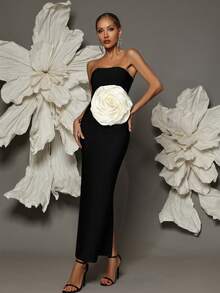 Vestido ajustado con vendaje y decoración de flores 3D, vestido de cóctel de silueta ajustada para ocasiones formales - Negro - Ver 5