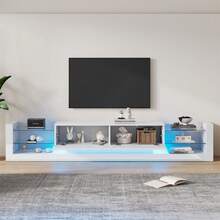 High-Gloss TV Cabinet With LED Lighting, 181 Cm – For TVs Up To 80 Inches, Glass Front, Two Folding Drawers, Black/White