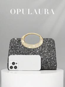 OpulAura 女士时尚闪亮水晶水钻晚宴手拿包，奢华闪亮钻石正式礼服钱包，圣诞绿手提包，优雅手拿包，适合晚宴、派对、生日、婚礼、礼物 - 黑色 - 查看 4