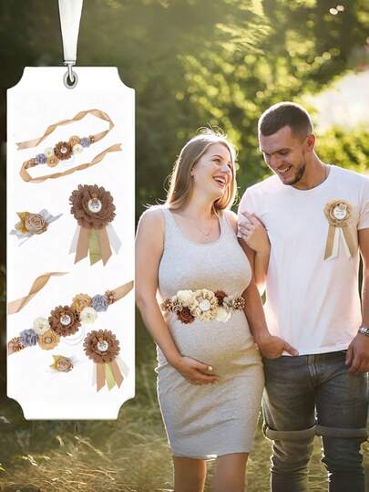 3 件套准妈妈腰带套装 - 婴儿沐浴别针和孕妇腰带装饰礼品套装，孕妇装花腰带，理想的新父母拍照道具和怀孕礼物