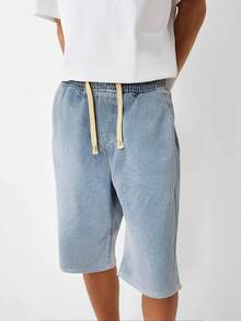 Pantalones cortos vaqueros casuales con cordón en la cintura, holgados para el tiempo libre y vacaciones en verano, para hombres - Azul - Ver 1