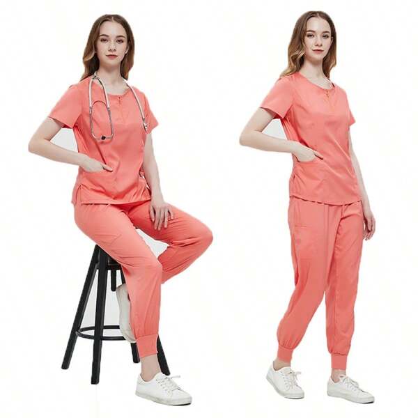 1 ensemble de vêtements chirurgicaux pour femmes, pantalon chirurgical élastique et haut à col rond, ensemble de vêtements chirurgicaux uniformes de travail d'infirmière médicale classique