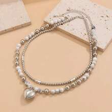 2pcs/Set Fashionable Heart Pendant Beaded Necklace Set, Suitable For Daily Wear - Silver - View 6